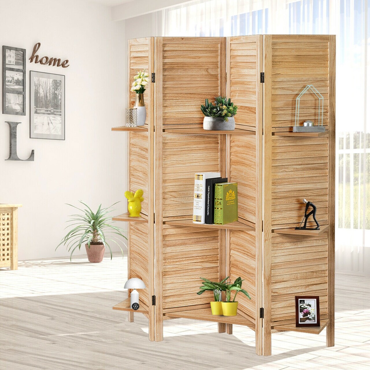 4 Panel Folding Room Divider Screen with 3 Display Shelves